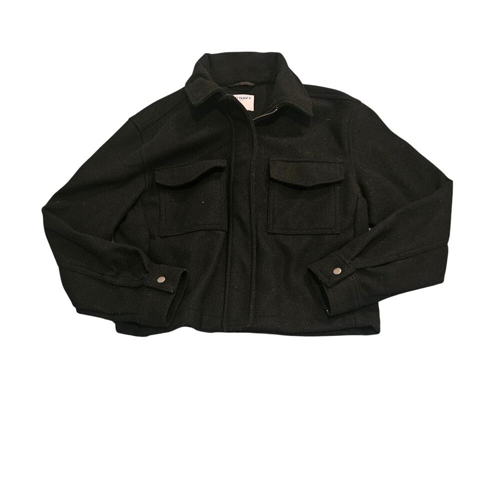 Old Navy Cropped Shacket Jacket Black Wool Blend Button Pocket Women’s Small